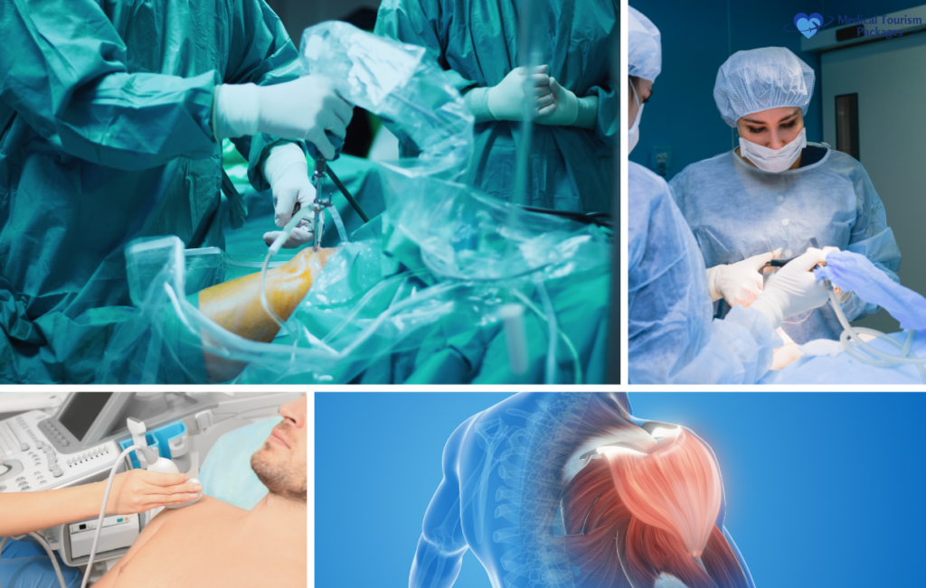 Collage of medical scenes: surgeons performing shoulder surgery, a patient receiving an ultrasound, and an anatomical diagram of a shoulder. For those considering Colombia as a medical tourism destination, this guide offers insight into the country's advanced healthcare facilities.