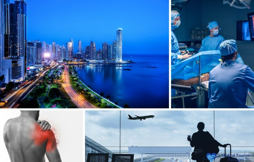 A collage captures panam city skyline at night, surgeons in an operating room, a person with shoulder pain, and a silhouette of an airport scene with a plane taking off, hinting at the seamless journey of international patients seeking expert orthopedics.