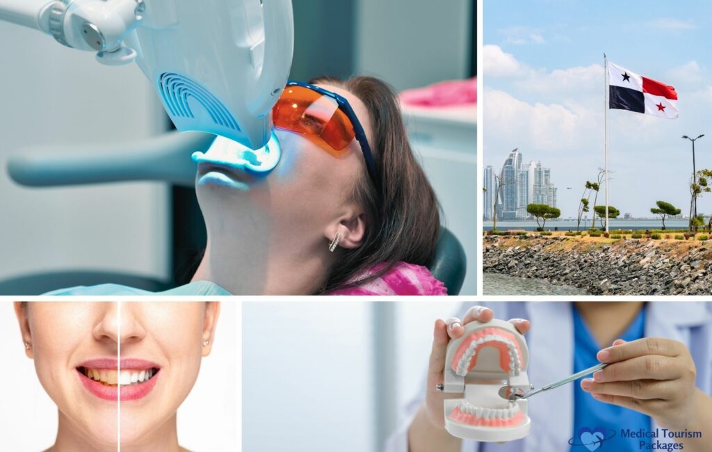 Collage featuring a woman receiving dental treatment, showcasing her perfect smile before and after. A dental model tool sits beside the vibrant Panama flag with a cityscape backdrop, reflecting the transformative journey of smile correction in Panama.