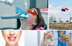 Collage de una mujer que recibe tratamiento dental y muestra su sonrisa perfecta antes y después. Una herramienta de modelo dental junto a la bandera de Panamá con un paisaje urbano de fondo, reflejando el viaje transformador de la corrección de la sonrisa en Panamá.