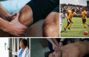 Collage de imágenes: una persona recibe un masaje en la pierna, jugadores de fútbol en un partido, un médico examina una radiografía y una persona recibe un masaje en el cuello; todo ello refleja la forma de entender la medicina deportiva en Colombia.