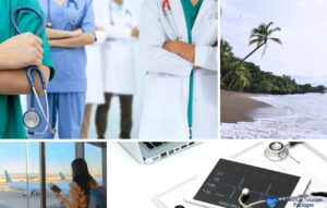 Collage con profesionales sanitarios en Panamá, una playa tropical, un viajero en un aeropuerto y un cuadro médico con un estetoscopio, que ilustra los pros y los contras del turismo médico.