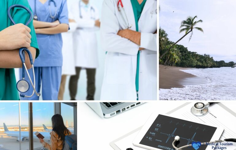 Collage featuring healthcare professionals in Panama, a tropical beach, a traveler at an airport, and a medical chart with a stethoscope, illustrating the pros and cons of medical tourism.