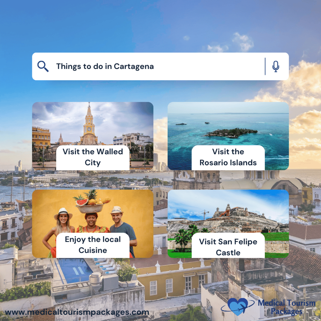 Search results image with four options: visit the Walled City, Rosario Islands, enjoy local cuisine, and San Felipe Castle in Cartagena. Background shows a stunning cityscape and ocean view. Logos present.