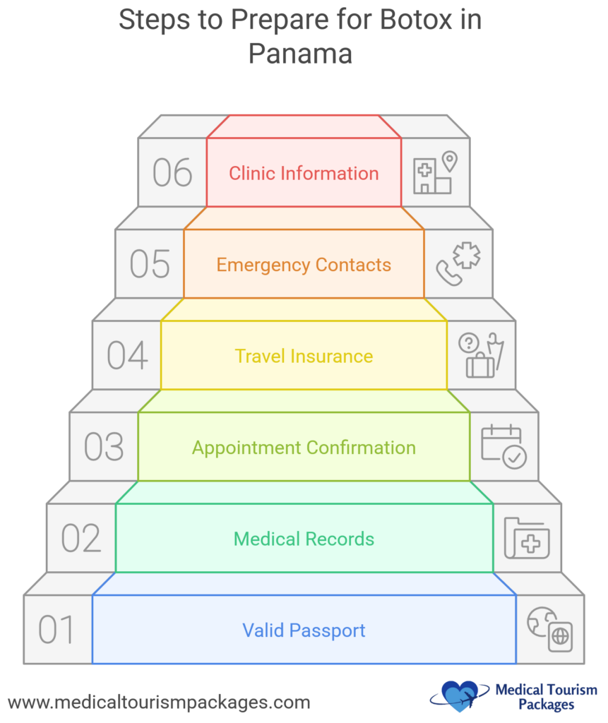 Guía de preparación en seis pasos ilustrada como un colorido diagrama de escalera ascendente, numerada del 01 al 06, que muestra los requisitos esenciales para el tratamiento de Botox en Panamá: pasaporte, historial médico, confirmación de cita, seguro, contactos de emergencia e información de la clínica, con los iconos correspondientes.