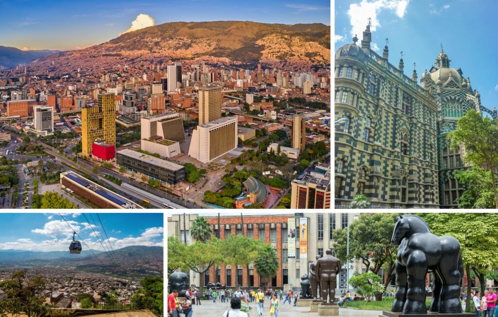 Collage of Medellín, Colombia: vibrant cityscape, ornate building, cable car view, bustling plaza, and large animal statues. Capture the spirit of Comuna 13 and the vibrant blooms from the Flower Festival.