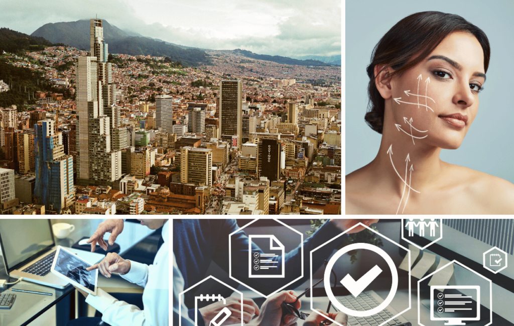 Collage depicting a vibrant cityscape as a destination, a woman with facial lines symbolizing medical tourism in Colombia, hands using digital devices, and icons representing documents and a checkmark.