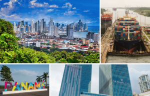 Collage del horizonte de la ciudad de Panamá, un barco del Canal de Panamá, el colorido letrero "PANAMÁ" y modernos rascacielos que muestran la vibrante esencia de Panamá, un centro en alza para el turismo médico.