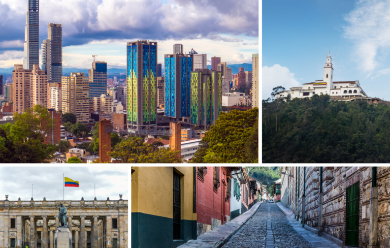 Collage of Bogotá, Colombia: skyline with modern buildings, Monserrate mountain with church, Colombian flag at a plaza, colorful street in La Candelaria, and cobblestone alley leading to the Gold Museum.