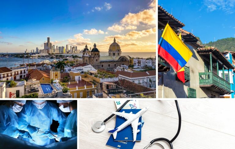 Collage of the Cartagena skyline, Colombian flag, and surgeons performing intricate surgical procedures. Travel-themed items like an airplane model and stethoscope add a sense of adventure to this vibrant depiction of Colombia.