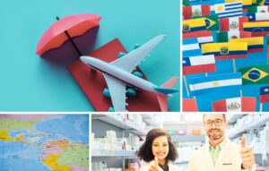 Collage con una maqueta de avión y un paraguas, varias banderas de países, un mapa de América Central y dos personas en una farmacia, en el que se destacan los 10 mejores destinos para el turismo médico.