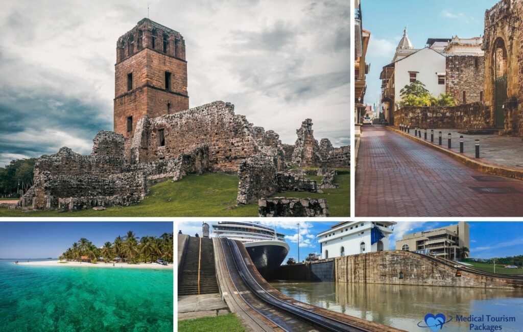 Collage of Panama: ancient stone ruins, a historic street with colonial buildings, a tropical beach with clear water, and ships navigating a canal with locks—a seamless travel experience in this vibrant destination.