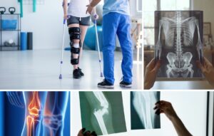 A person with a knee brace and crutches walks with assistance, reflecting their journey through orthopedic surgery. X-ray images of a spine, knee, and arm are displayed, highlighting the comprehensive medical examination and rehabilitation process in Colombia.