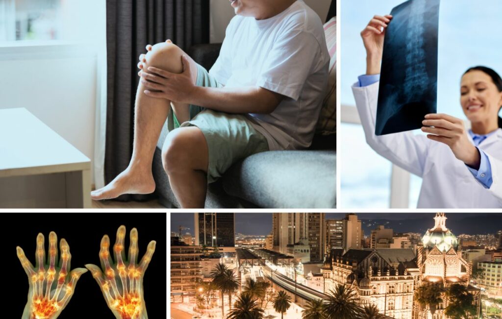 Collage of images: person holding knee in pain, doctor examining an X-ray, imaging of inflamed hands, and a bustling cityscape at dusk in Colombia.